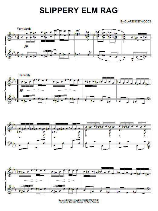 Learn to play Clarence Woods Slippery Elm Rag sheet music for Piano in minutes. Clarence Woods Slippery Elm Rag sheet music preview music notes and score for Piano including 4 page(s)