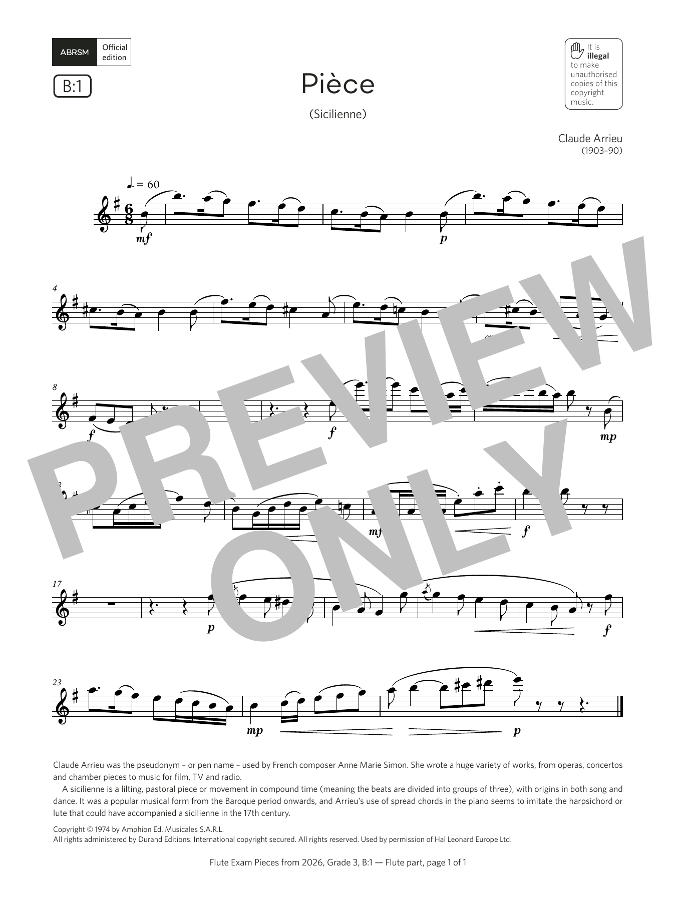 Claude Arrieu Pièce (Grade 3, list B1, from the ABRSM Flute Syllabus from 2026) sheet music, chords, lyrics - Printable PDF for Flute Solo