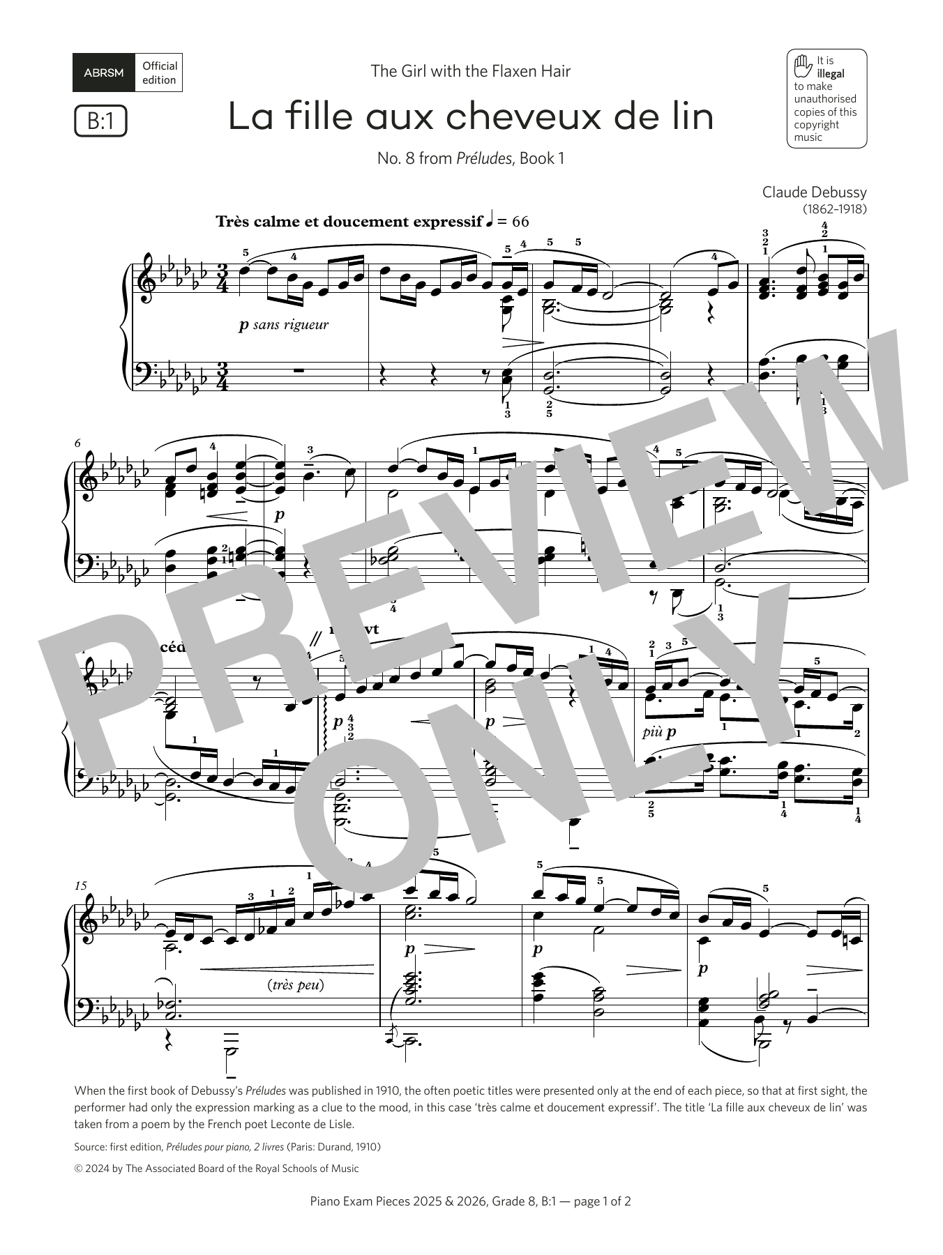 Claude Debussy La fille aux cheveux de lin (Grade 8, list B1, from the ABRSM Piano Syllabus 2025 & 2026) sheet music, chords, lyrics - Printable PDF for Piano Solo