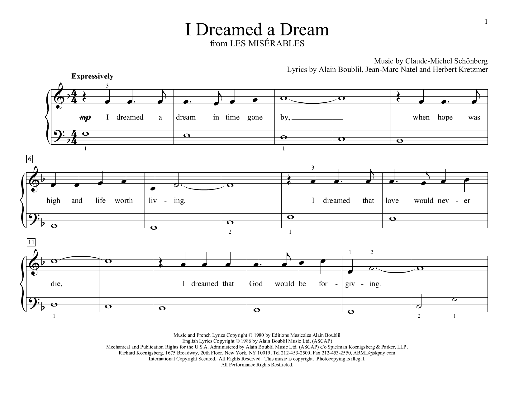Learn to play Claude-Michel Schonberg I Dreamed A Dream (from Les Miserables) (arr. Christopher Hussey) sheet music for Educational Piano in minutes. Claude-Michel Schonberg I Dreamed A Dream (from Les Miserables) (arr. Christopher Hussey) sheet music preview music notes and score for Educational Piano including 2 page(s)