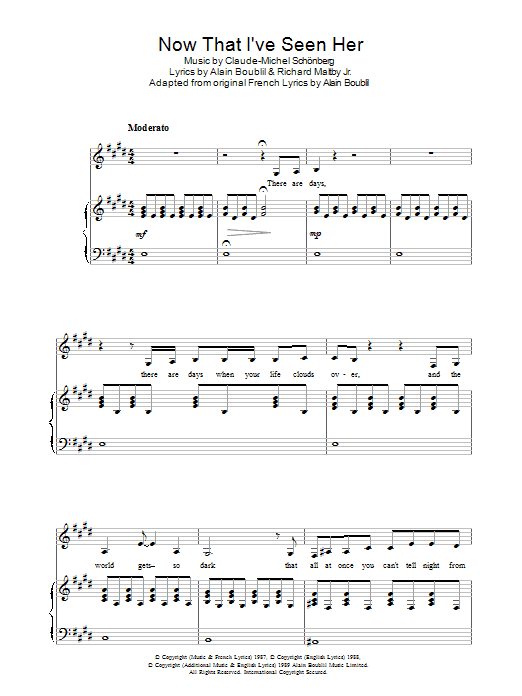 Boublil and Schonberg Now That I've Seen Her (from Miss Saigon) sheet music preview music notes and score for Piano, Vocal & Guitar including 5 page(s)