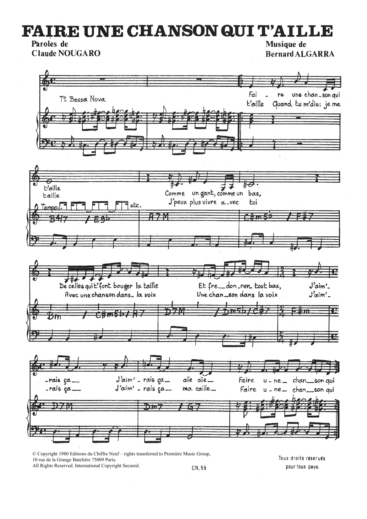 Claude Nougaro Faire Une Chanson Qui T'aille sheet music, chords, lyrics - Printable PDF for Piano & Vocal