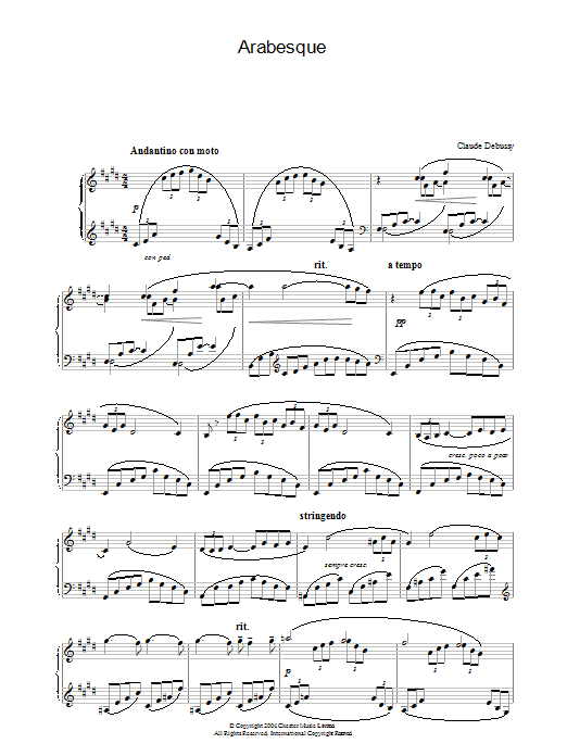 Learn to play Claude Debussy Arabesque No.1 sheet music for Piano in minutes. Claude Debussy Arabesque No.1 sheet music preview music notes and score for Piano including 5 page(s)