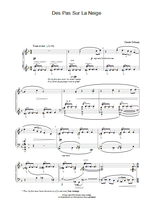 Learn to play Claude Debussy Des Pas Sur La Neige sheet music for Piano in minutes. Claude Debussy Des Pas Sur La Neige sheet music preview music notes and score for Piano including 3 page(s)