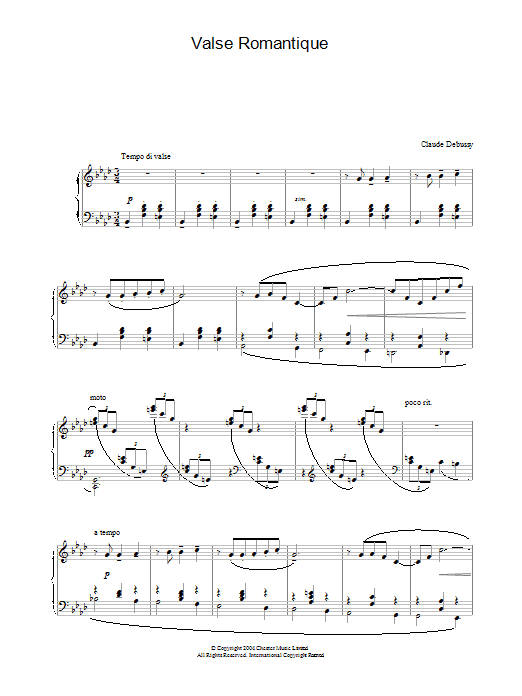 Learn to play Claude Debussy Valse Romantique sheet music for Piano in minutes. Claude Debussy Valse Romantique sheet music preview music notes and score for Piano including 6 page(s)