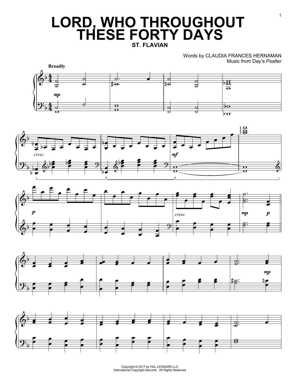 Claudia Frances Hernaman Lord, Who Throughout These Forty Days sheet music, chords, lyrics - Printable PDF for Piano