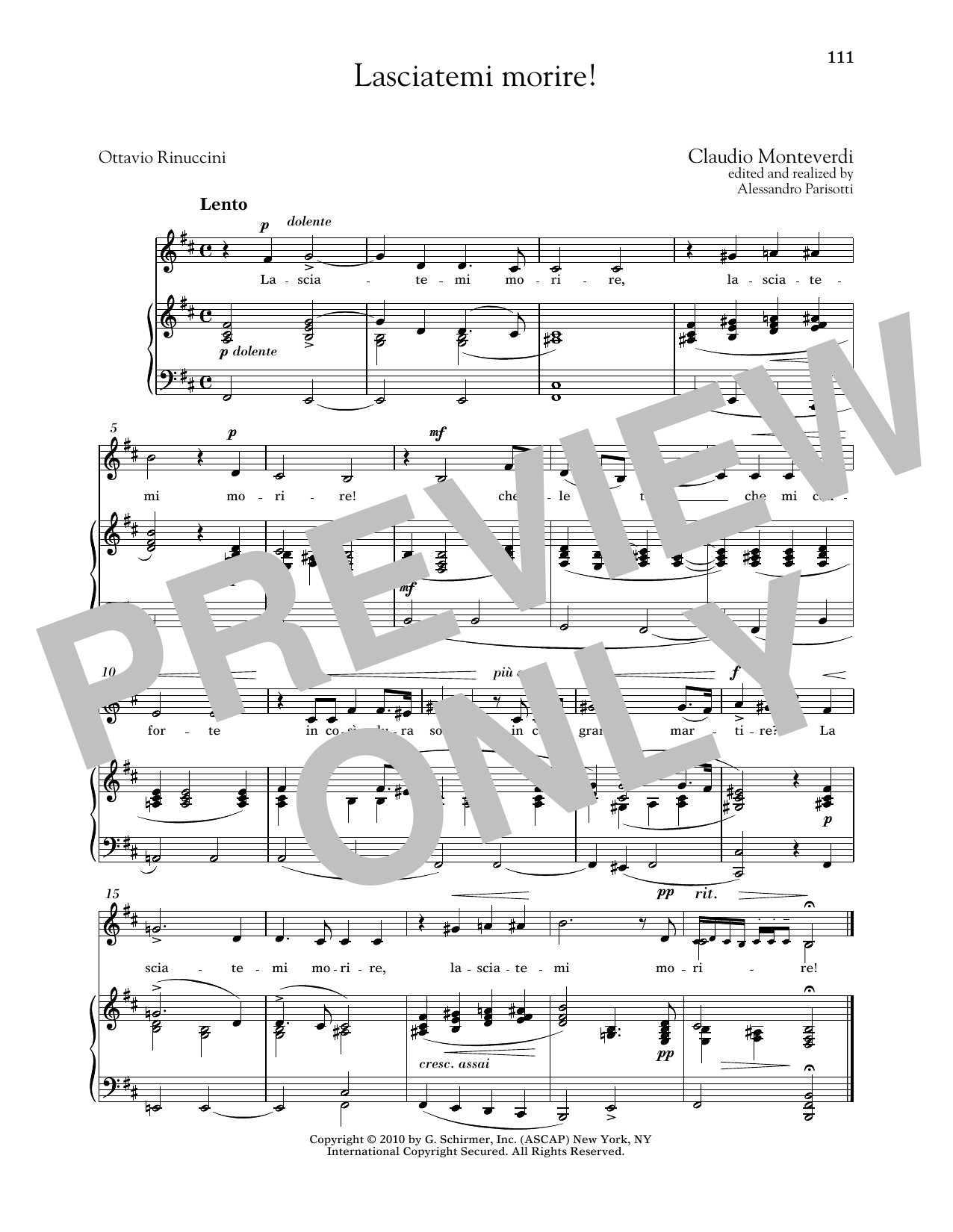 Claudio Monteverdi Lasciatemi Morire! (Low Voice) sheet music, chords, lyrics - Printable PDF for Piano & Vocal