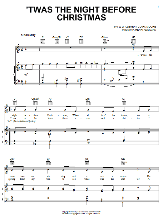 Learn to play Clement Clark Moore 'Twas The Night Before Christmas sheet music for Piano, Vocal & Guitar (Right-Hand Melody) in minutes. Clement Clark Moore 'Twas The Night Before Christmas sheet music notes and chords