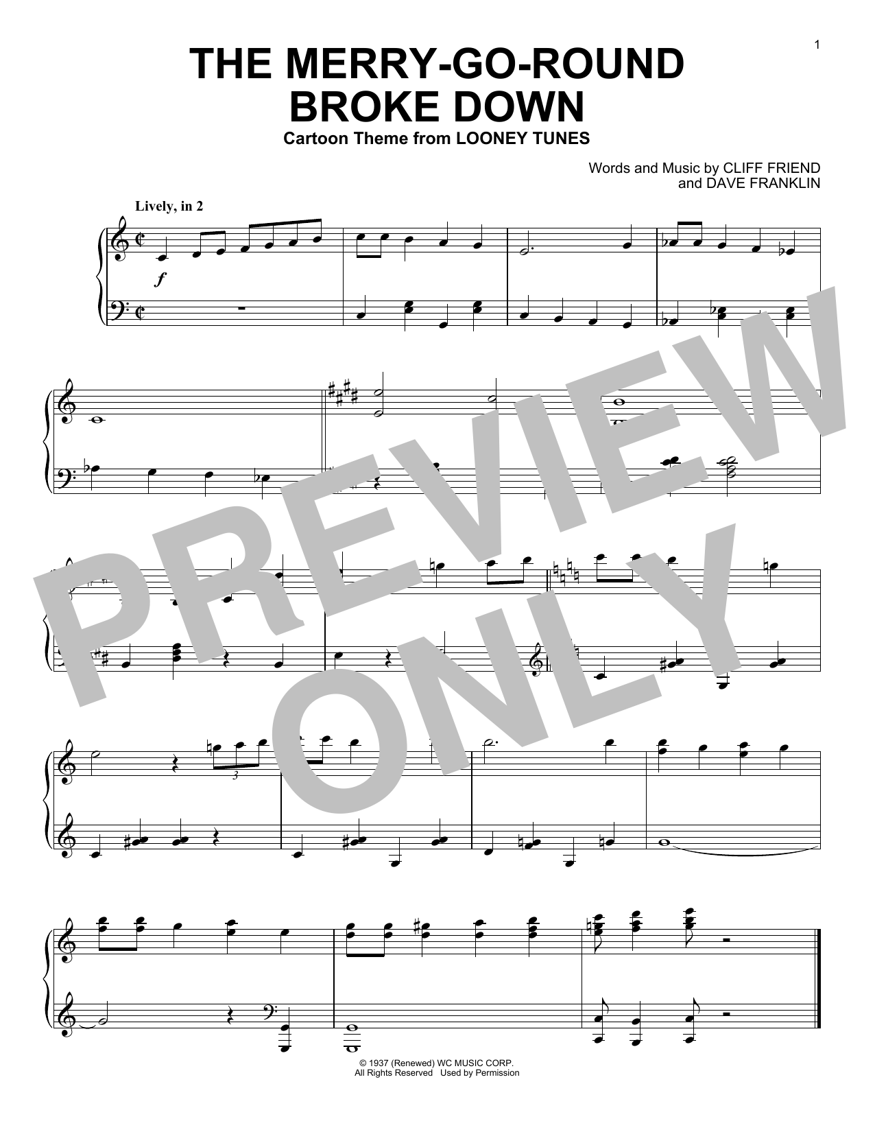 Cliff Friend & Dave Franklin The Merry-Go-Round Broke Down (from Looney Tunes) sheet music preview music notes and score for Piano Solo including 1 page(s)
