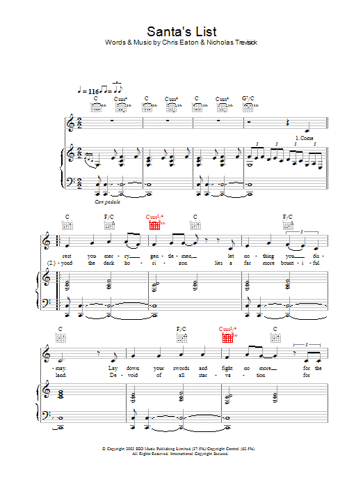 Learn to play Cliff Richard Santa's List sheet music for Piano, Vocal & Guitar in minutes. Cliff Richard Santa's List sheet music preview music notes and score for Piano, Vocal & Guitar including 7 page(s)
