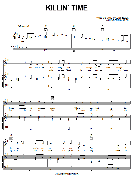 Learn to play Clint Black Killin' Time sheet music for Piano, Vocal & Guitar (Right-Hand Melody) in minutes. Clint Black Killin' Time sheet music preview music notes and score for Piano, Vocal & Guitar (Right-Hand Melody) including 4 page(s)