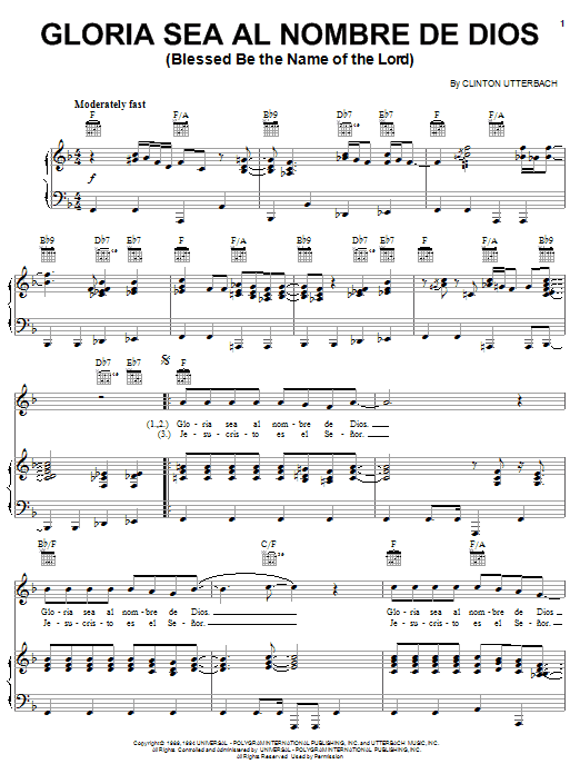 Clinton Utterbach Gloria Sea Al Nombre De Dios (Blessed Be The Name Of The Lord) sheet music, chords, lyrics - Printable PDF for Piano, Vocal & Guitar (Right-Hand Melody)