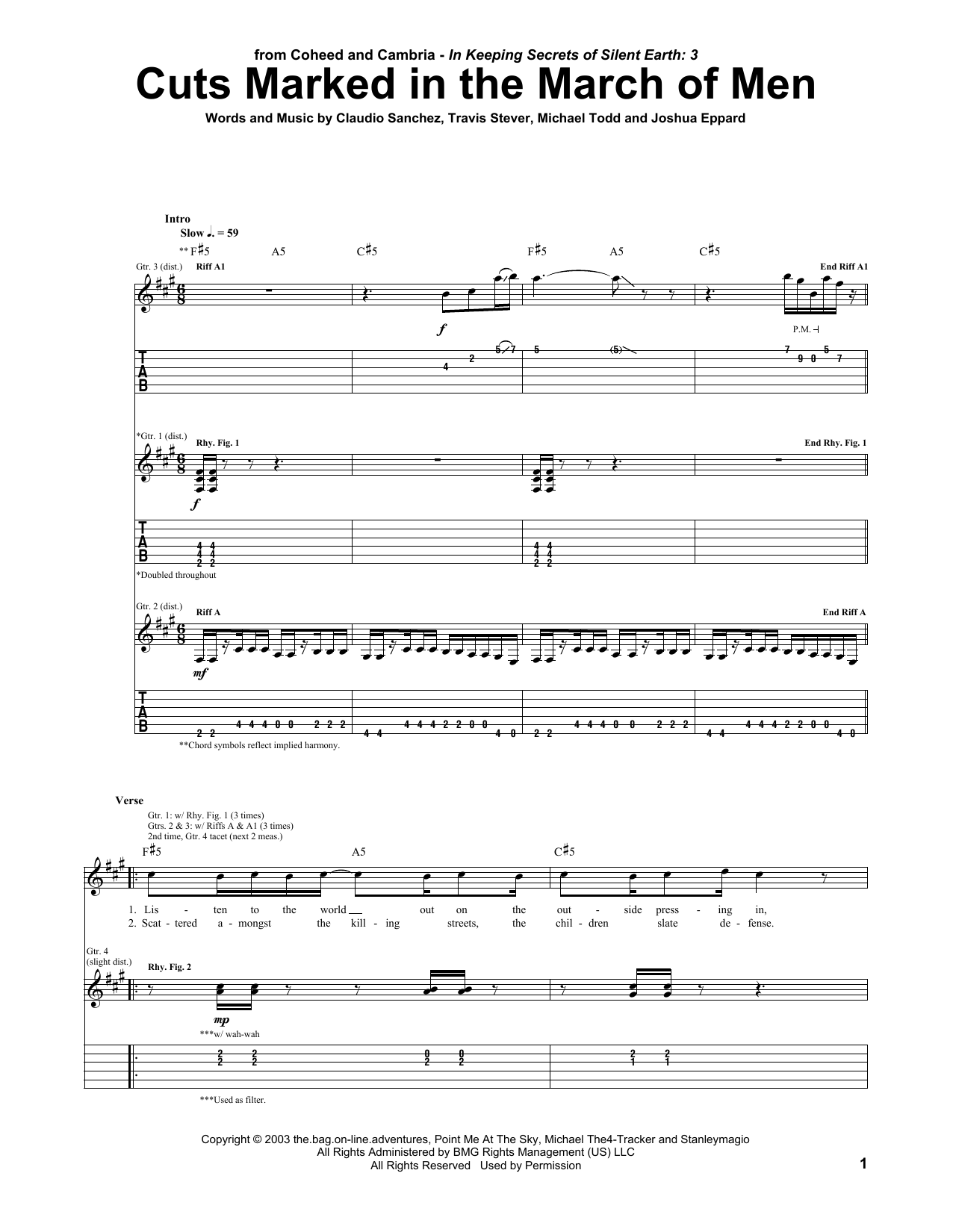 Coheed And Cambria Cuts Marked In The March Of Men sheet music, chords, lyrics - Printable PDF for Guitar Tab