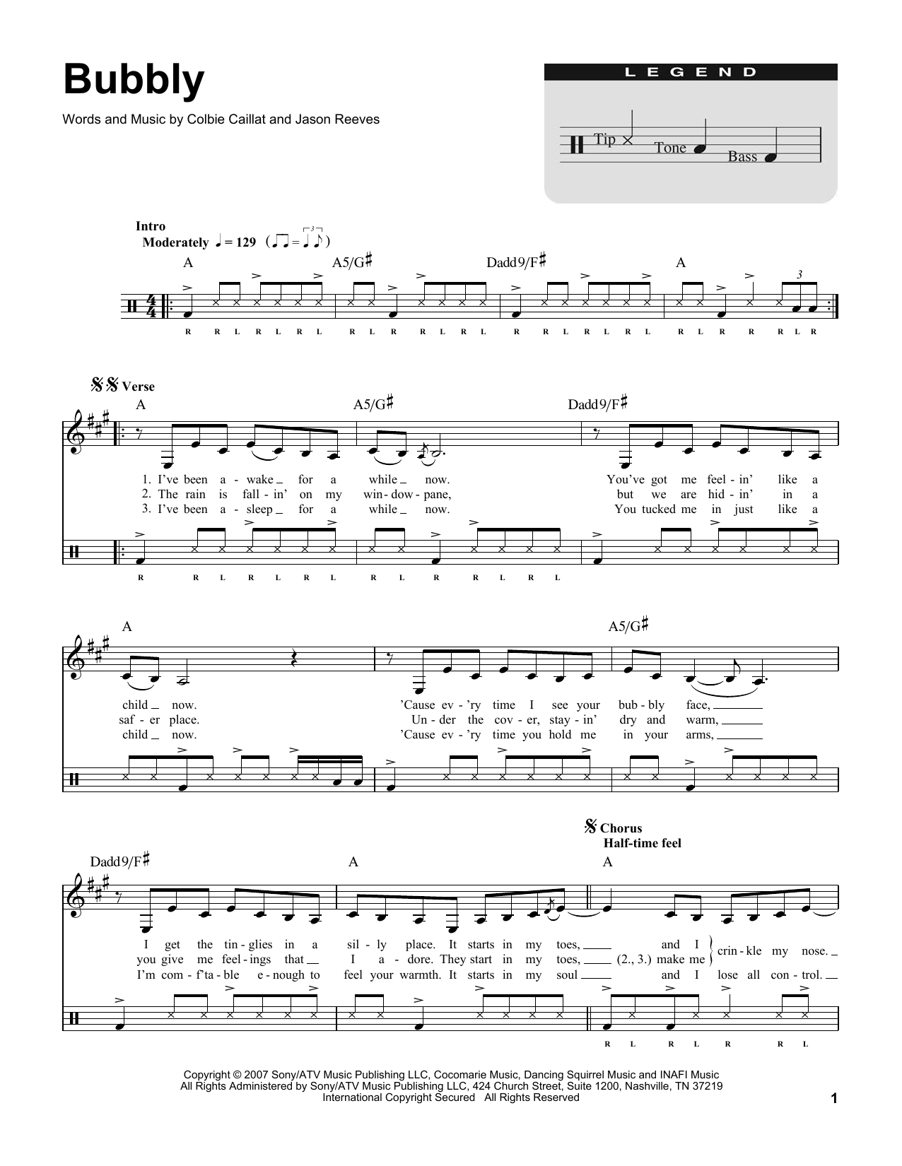 Colbie Caillat Bubbly sheet music, chords, lyrics - Printable PDF for Drums Transcription