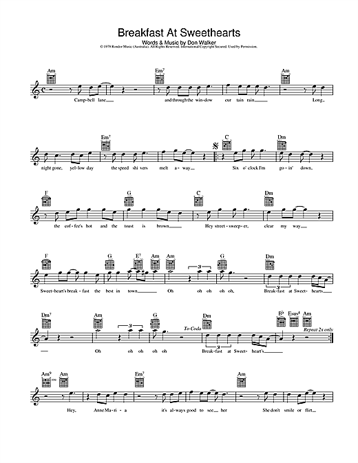 Learn to play Cold Chisel Breakfast At Sweethearts sheet music for Melody Line, Lyrics & Chords in minutes. Cold Chisel Breakfast At Sweethearts sheet music preview music notes and score for Melody Line, Lyrics & Chords including 2 page(s)