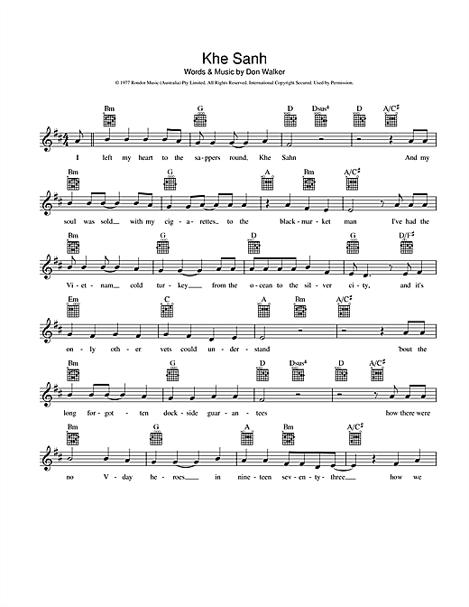 Learn to play Cold Chisel Khe Sanh sheet music for Melody Line, Lyrics & Chords in minutes. Cold Chisel Khe Sanh sheet music preview music notes and score for Melody Line, Lyrics & Chords including 2 page(s)