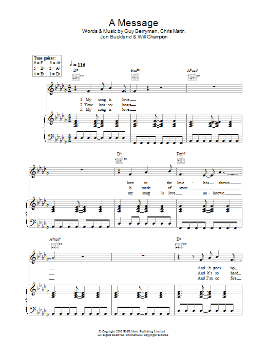 Coldplay A Message sheet music preview music notes and score for Easy Piano including 5 page(s)