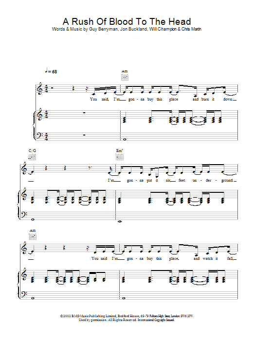 Learn to play Coldplay A Rush Of Blood To The Head sheet music for Melody Line, Lyrics & Chords in minutes. Coldplay A Rush Of Blood To The Head sheet music preview music notes and score for Melody Line, Lyrics & Chords including 3 page(s)