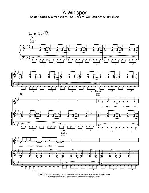 Learn to play Coldplay A Whisper sheet music for Piano, Vocal & Guitar in minutes. Coldplay A Whisper sheet music notes and chords