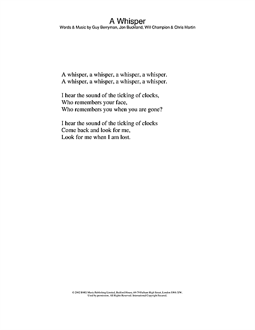 Learn to play Coldplay A Whisper sheet music for Piano, Vocal & Guitar in minutes. Coldplay A Whisper sheet music notes and chords