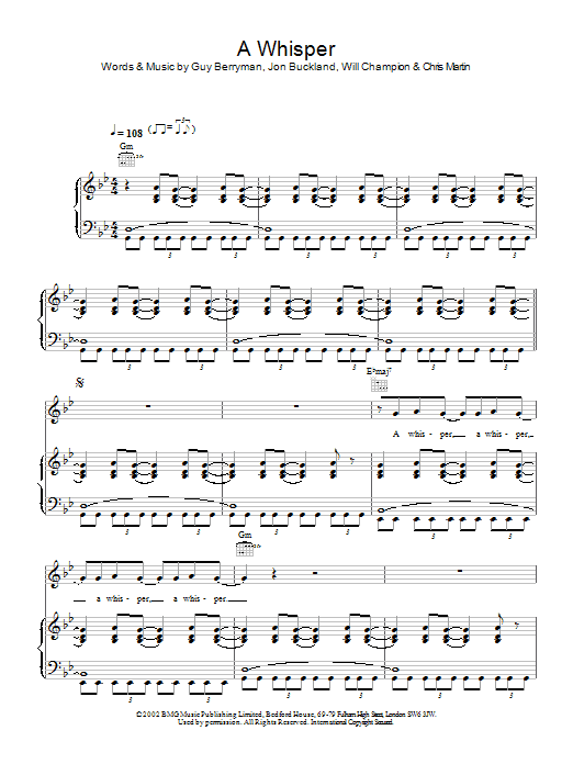 Learn to play Coldplay A Whisper sheet music for Piano, Vocal & Guitar in minutes. Coldplay A Whisper sheet music preview music notes and score for Piano, Vocal & Guitar including 5 page(s)