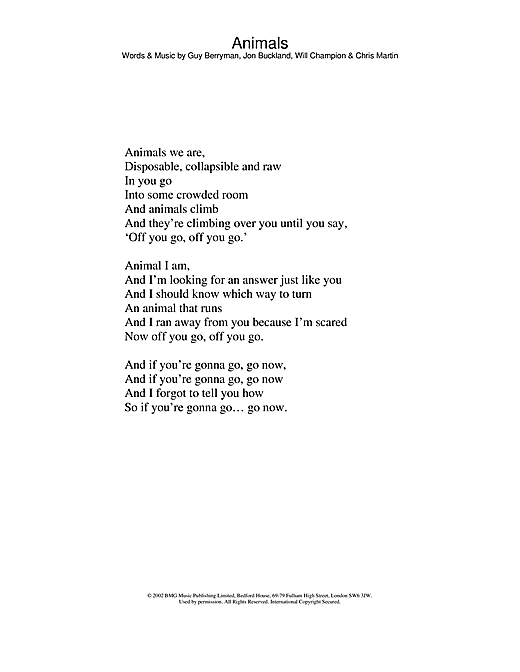 Learn to play Coldplay Animals sheet music for Lyrics Only in minutes. Coldplay Animals sheet music notes and chords
