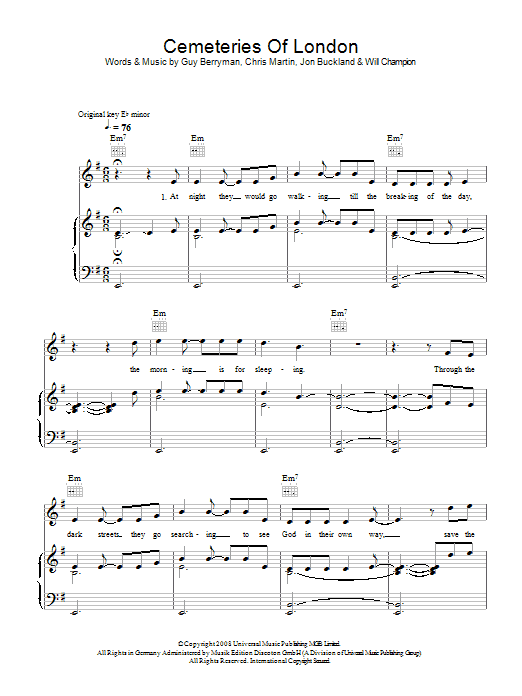Learn to play Coldplay Cemeteries Of London sheet music for Piano, Vocal & Guitar in minutes. Coldplay Cemeteries Of London sheet music preview music notes and score for Piano, Vocal & Guitar including 5 page(s)