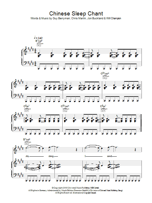 Learn to play Coldplay Chinese Sleep Chant sheet music for Piano, Vocal & Guitar in minutes. Coldplay Chinese Sleep Chant sheet music preview music notes and score for Piano, Vocal & Guitar including 5 page(s)