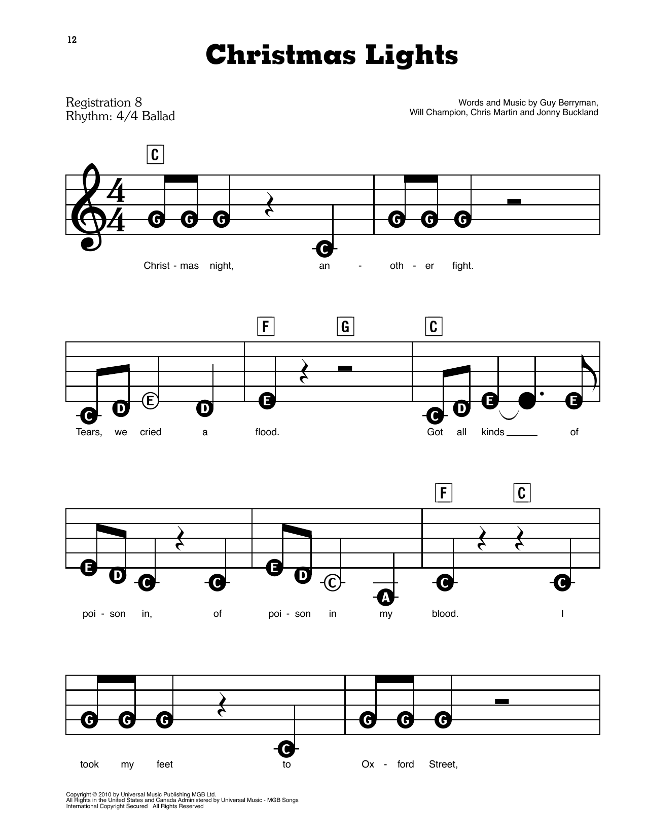Learn to play Coldplay Christmas Lights sheet music for E-Z Play Today in minutes. Coldplay Christmas Lights sheet music preview music notes and score for E-Z Play Today including 6 page(s)