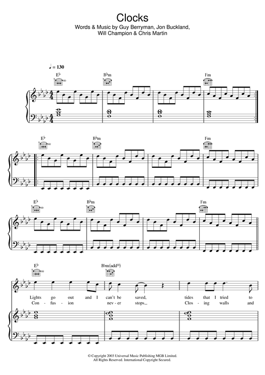 Learn to play Coldplay Clocks sheet music for Piano, Vocal & Guitar in minutes. Coldplay Clocks sheet music notes and chords