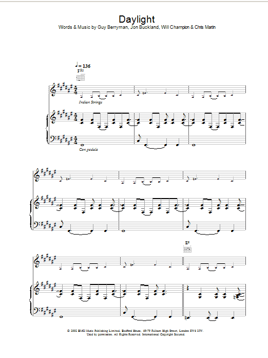 Learn to play Coldplay Daylight sheet music for Melody Line, Lyrics & Chords in minutes. Coldplay Daylight sheet music preview music notes and score for Melody Line, Lyrics & Chords including 3 page(s)