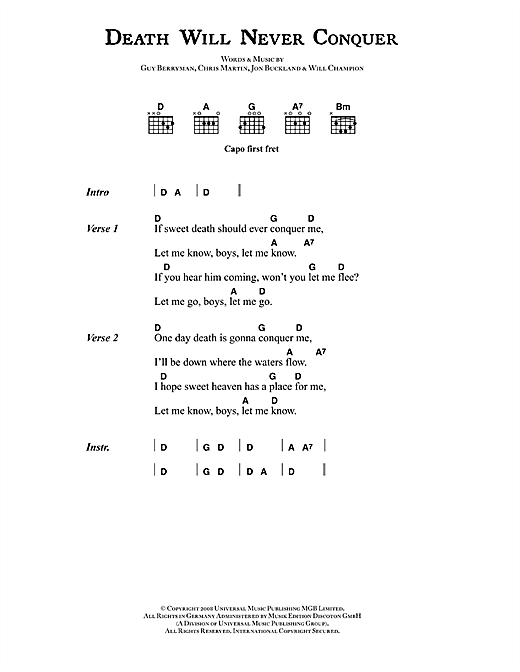 Coldplay Death Will Never Conquer sheet music, chords, lyrics - Printable PDF for Lyrics & Chords