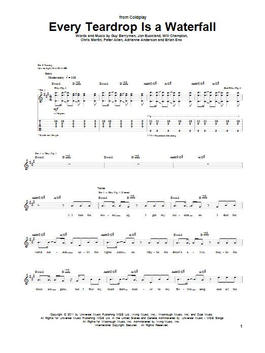 Learn to play Coldplay Every Teardrop Is A Waterfall sheet music for Guitar Tab in minutes. Coldplay Every Teardrop Is A Waterfall sheet music preview music notes and score for Guitar Tab including 7 page(s)