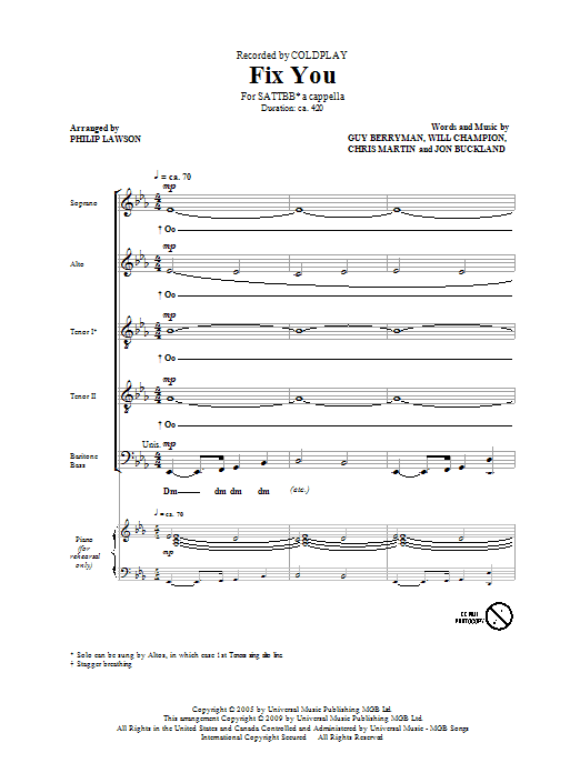 Learn to play Coldplay Fix You (arr. Philip Lawson) sheet music for SATB in minutes. Coldplay Fix You (arr. Philip Lawson) sheet music preview music notes and score for SATB including 15 page(s)