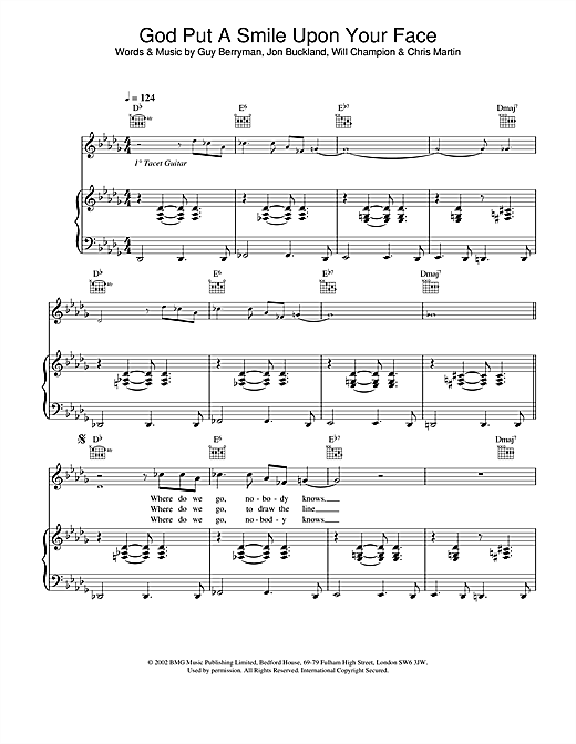 Learn to play Coldplay God Put A Smile Upon Your Face sheet music for Piano, Vocal & Guitar in minutes. Coldplay God Put A Smile Upon Your Face sheet music notes and chords