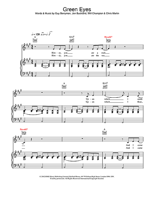 Learn to play Coldplay Green Eyes sheet music for Piano, Vocal & Guitar in minutes. Coldplay Green Eyes sheet music notes and chords