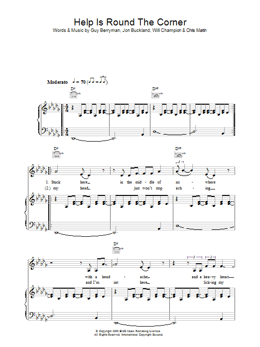 Coldplay Help Is Round The Corner sheet music preview music notes and score for Piano, Vocal & Guitar including 5 page(s)