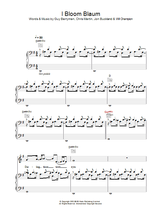 Coldplay I Bloom Blaum sheet music preview music notes and score for Piano, Vocal & Guitar including 4 page(s)