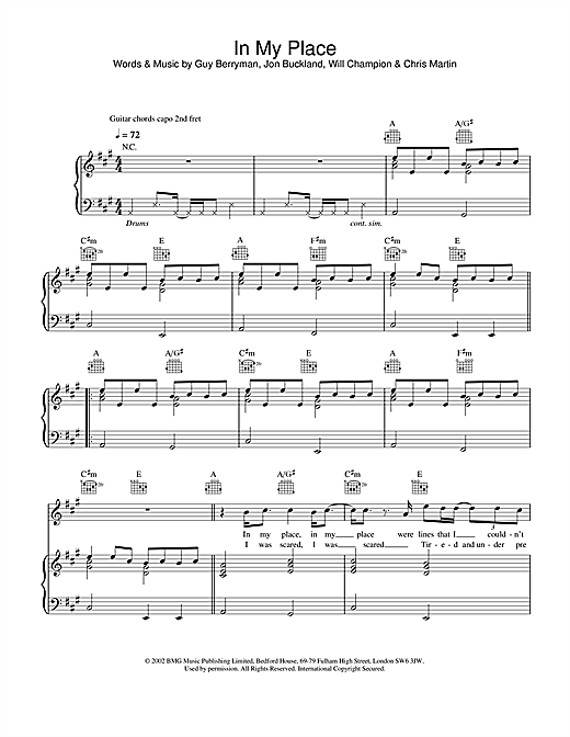 Learn to play Coldplay In My Place sheet music for Piano, Vocal & Guitar in minutes. Coldplay In My Place sheet music notes and chords