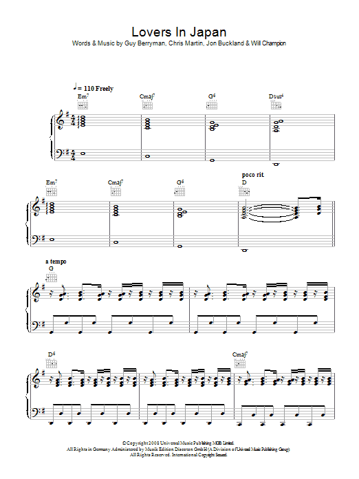 Learn to play Coldplay Lovers In Japan sheet music for Piano, Vocal & Guitar in minutes. Coldplay Lovers In Japan sheet music preview music notes and score for Piano, Vocal & Guitar including 6 page(s)