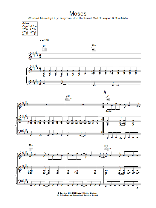 Learn to play Coldplay Moses sheet music for Piano, Vocal & Guitar in minutes. Coldplay Moses sheet music preview music notes and score for Piano, Vocal & Guitar including 8 page(s)