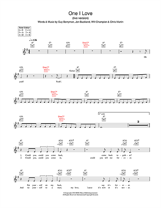 Coldplay One I Love sheet music preview music notes and score for Melody Line, Lyrics & Chords including 3 page(s)