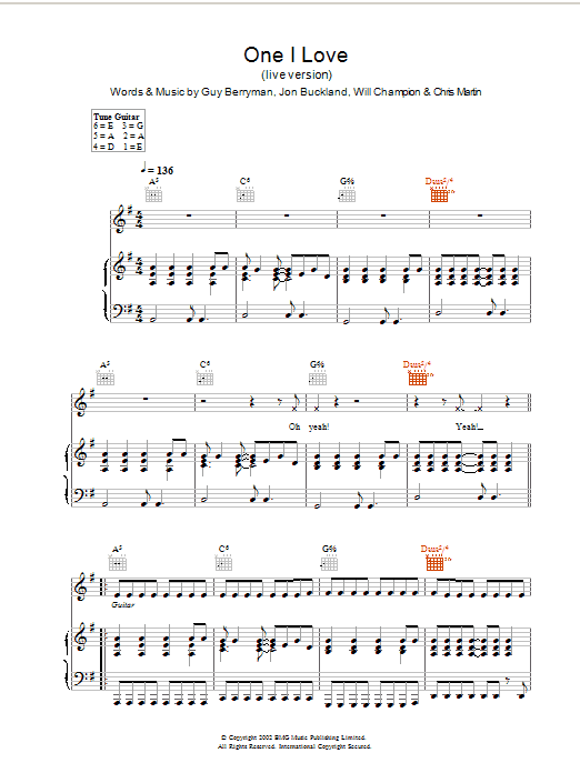 Learn to play Coldplay One I Love (live version) sheet music for Piano, Vocal & Guitar in minutes. Coldplay One I Love (live version) sheet music preview music notes and score for Piano, Vocal & Guitar including 7 page(s)