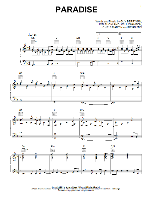 Coldplay Paradise sheet music preview music notes and score for Piano, Vocal & Guitar (Right-Hand Melody) including 9 page(s)