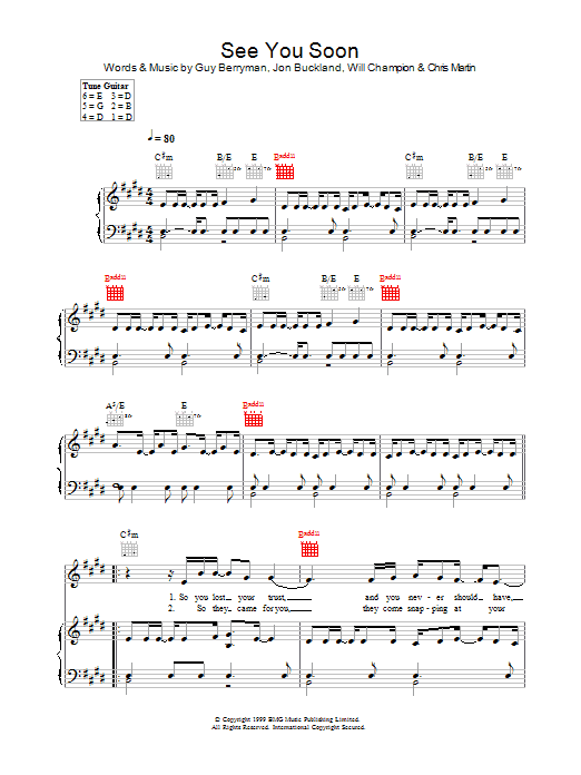 Learn to play Coldplay See You Soon sheet music for Piano, Vocal & Guitar in minutes. Coldplay See You Soon sheet music preview music notes and score for Piano, Vocal & Guitar including 5 page(s)