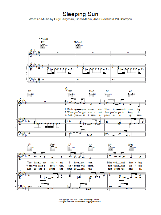 Coldplay Sleeping Sun sheet music preview music notes and score for Piano, Vocal & Guitar including 4 page(s)