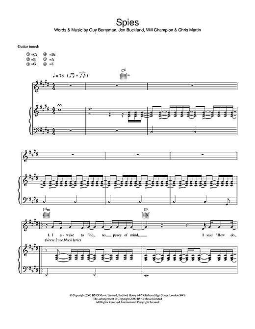 Learn to play Coldplay Spies sheet music for Piano, Vocal & Guitar in minutes. Coldplay Spies sheet music notes and chords