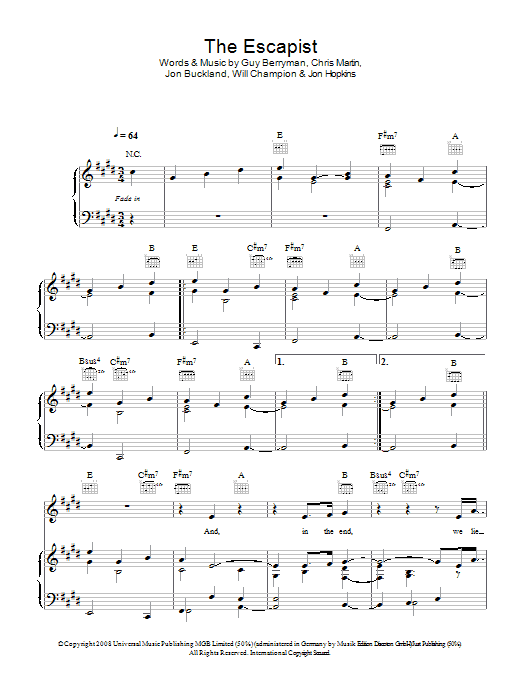 Learn to play Coldplay The Escapist sheet music for Piano, Vocal & Guitar in minutes. Coldplay The Escapist sheet music preview music notes and score for Piano, Vocal & Guitar including 3 page(s)