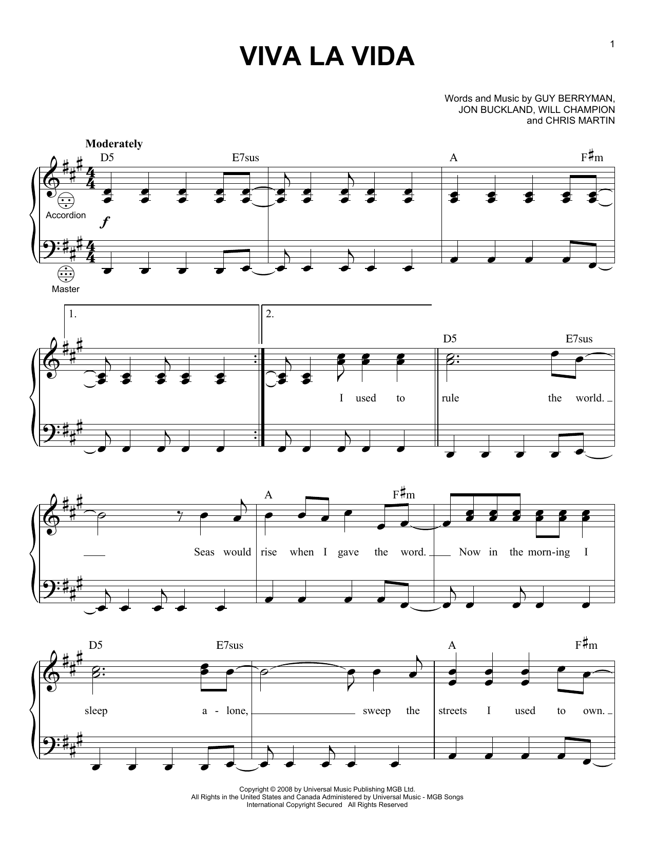 Coldplay Viva La Vida sheet music preview music notes and score for Piano, Vocal & Guitar including 6 page(s)