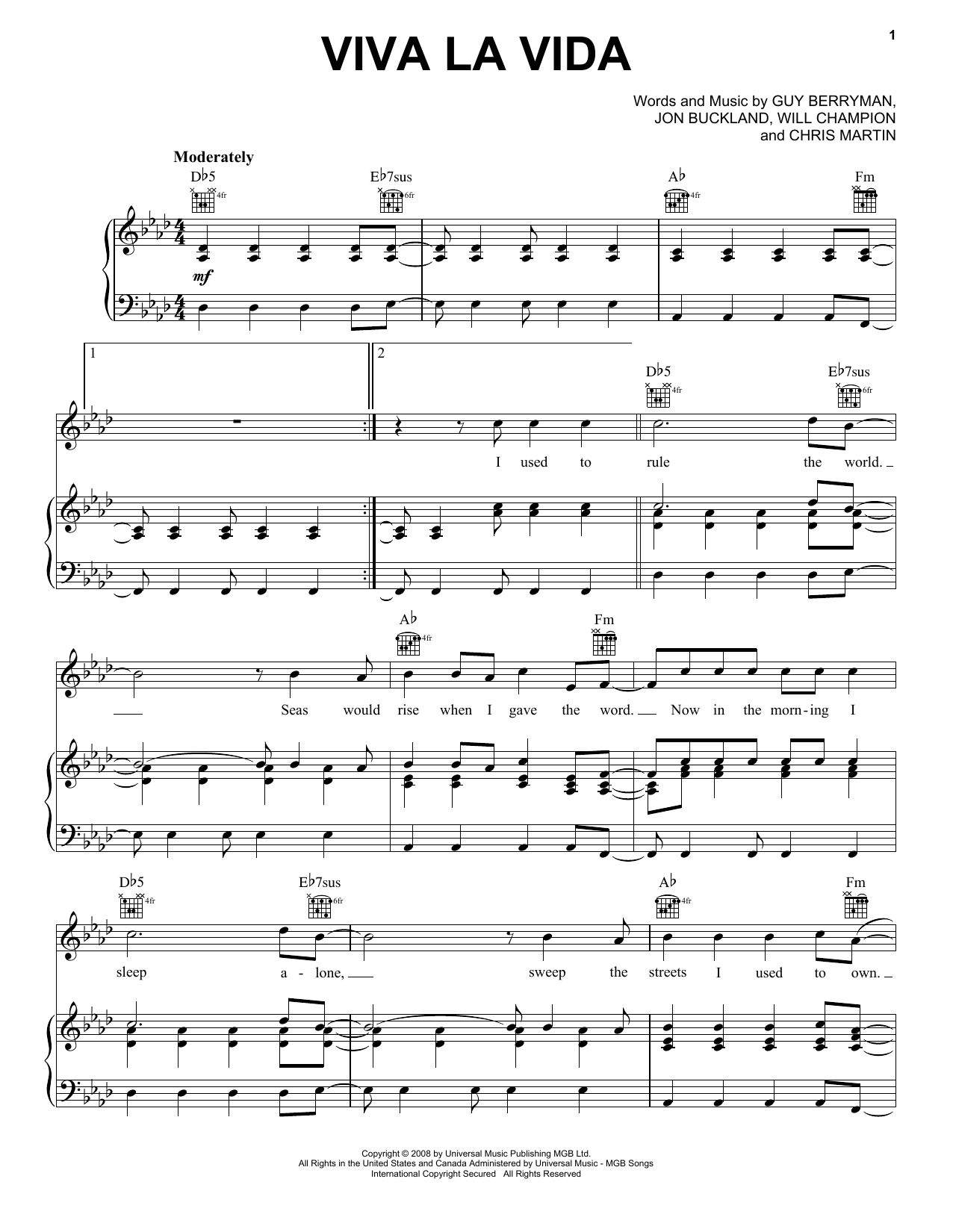 Learn to play Coldplay Viva La Vida sheet music for Piano, Vocal & Guitar (Right-Hand Melody) in minutes. Coldplay Viva La Vida sheet music notes and chords